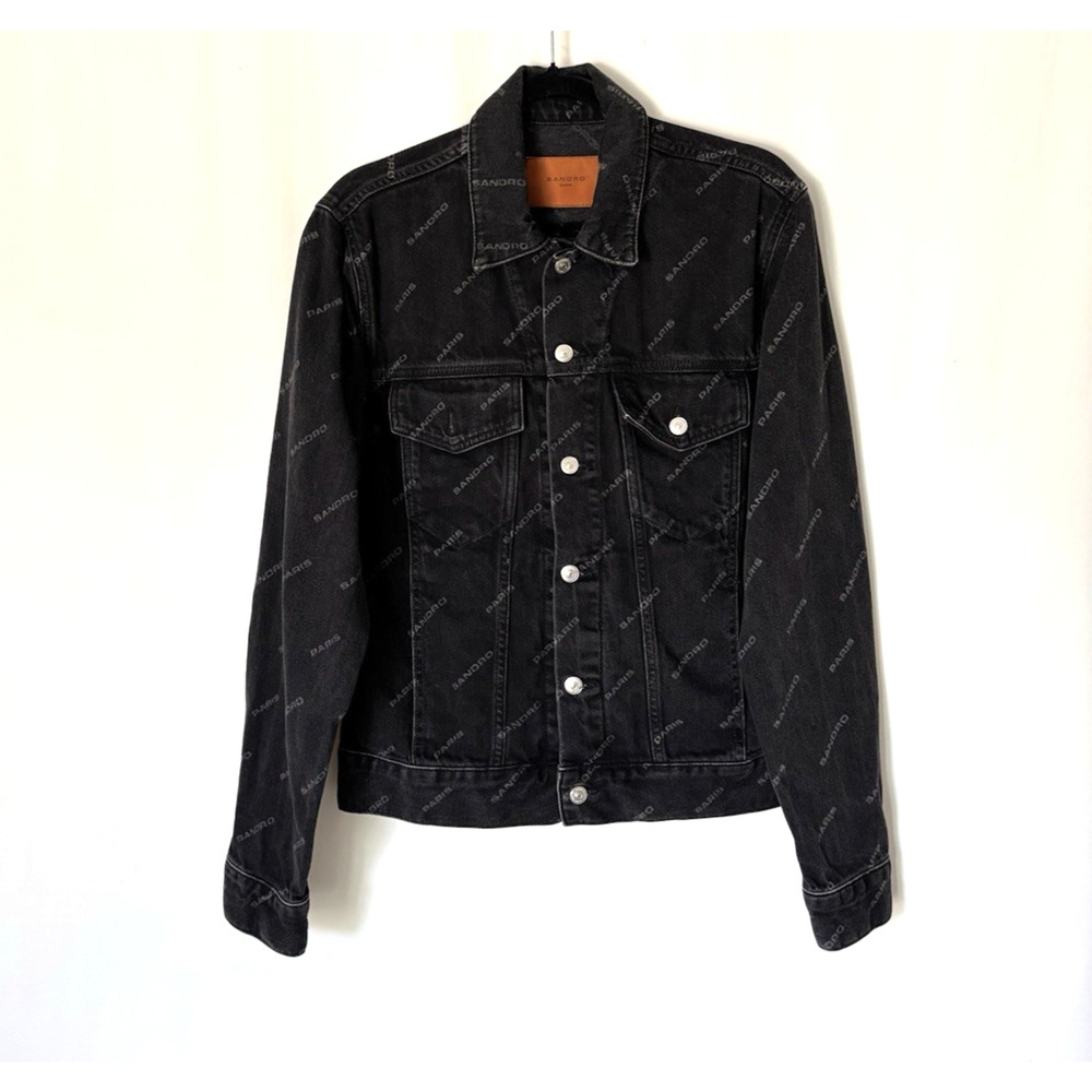 Sandro Diagonal Denim Jacket Small Mens Trucker Buttons Logo Print